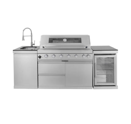 Castelle Flame 44-Inch 6-Burner 85K BTU Stainless Steel Outdoor BBQ Kitchen Island Grill With Wine Cooler, Rotisserie Kit, And Storage Cabinets