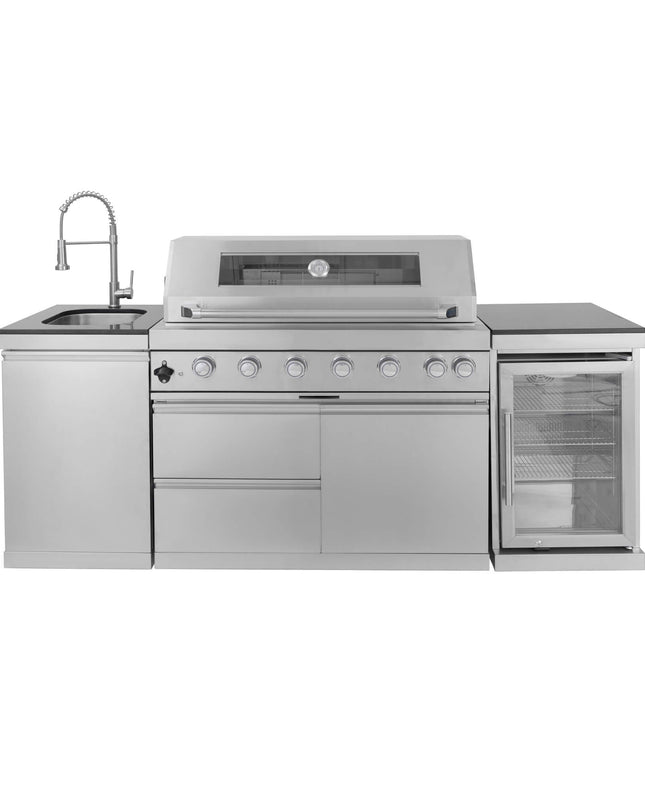 Castelle Flame 44-Inch 6-Burner 85K BTU Stainless Steel Outdoor BBQ Kitchen Island Grill With Wine Cooler, Rotisserie Kit, And Storage Cabinets