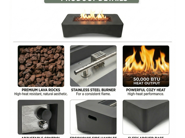 56" Rectangular Propane Fire Pit Table