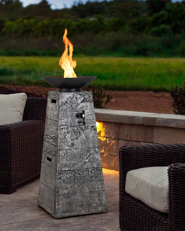 48" Large Outdoor Propane Fire Bowl Column With Cover & Lava Rocks