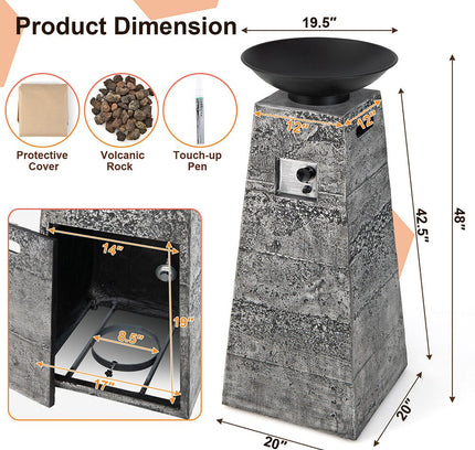 48" Large Outdoor Propane Fire Bowl Column With Cover & Lava Rocks
