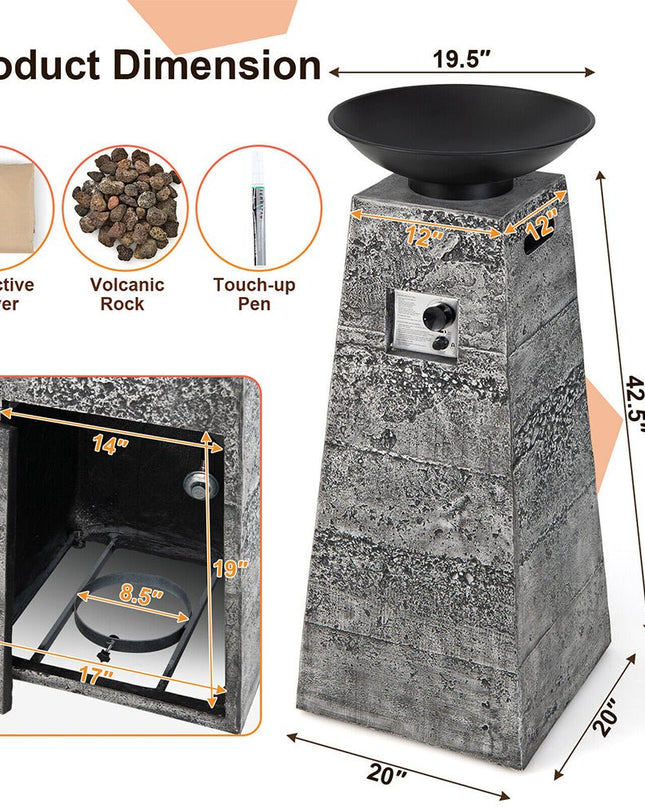 48" Large Outdoor Propane Fire Bowl Column With Cover & Lava Rocks