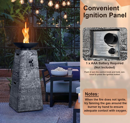 48" Large Outdoor Propane Fire Bowl Column With Cover & Lava Rocks