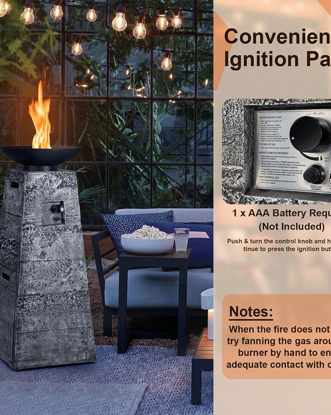 48" Large Outdoor Propane Fire Bowl Column With Cover & Lava Rocks