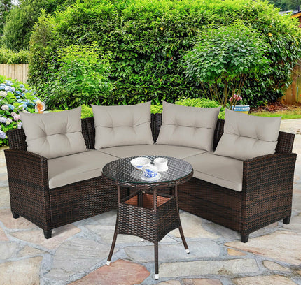 4-Piece Outdoor Wicker Rattan Patio Sofa Set with Glass Coffee Table
