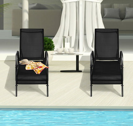 2 Pcs Patio Lounge Chair Chaise Fabric with Adjustable Reclining Armrest-Brown
