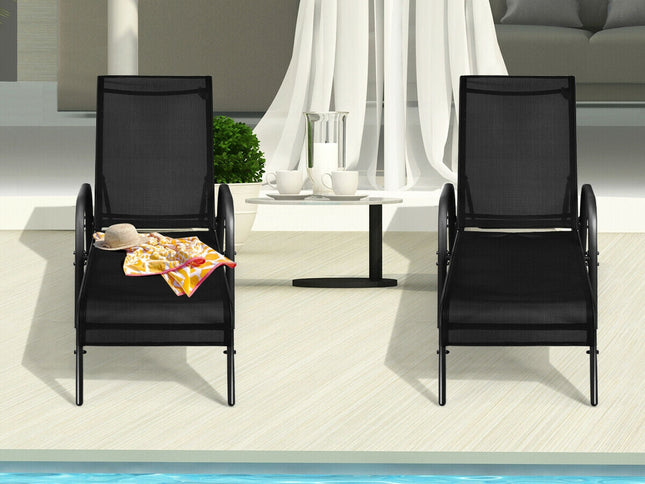 2 Pcs Patio Lounge Chair Chaise Fabric with Adjustable Reclining Armrest-Brown