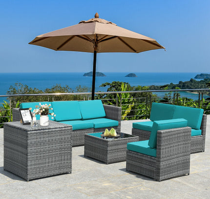 8-Piece Outdoor Wicker Rattan Sofa Set with Storage Box & Tempered Glass Table — Turquoise