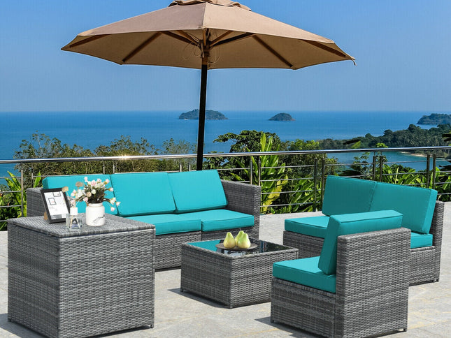 8-Piece Outdoor Wicker Rattan Sofa Set with Storage Box & Tempered Glass Table — Turquoise