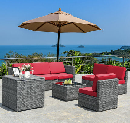 8-Piece Outdoor Wicker Rattan Sofa Set with Storage Box & Tempered Glass Table — Red