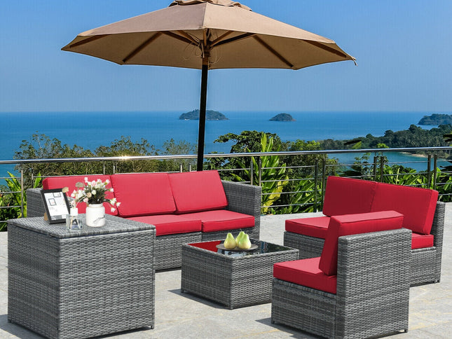 8-Piece Outdoor Wicker Rattan Sofa Set with Storage Box & Tempered Glass Table — Red