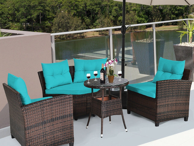 4-Piece Outdoor Cushioned Rattan Patio Furniture Set — Turquoise