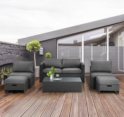 6-Piece Outdoor Rattan Patio Set with Glass Coffee Table & 2 Ottomans — Gray