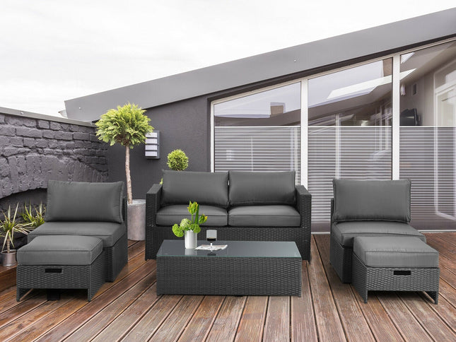 6-Piece Outdoor Rattan Patio Set with Glass Coffee Table & 2 Ottomans — Gray