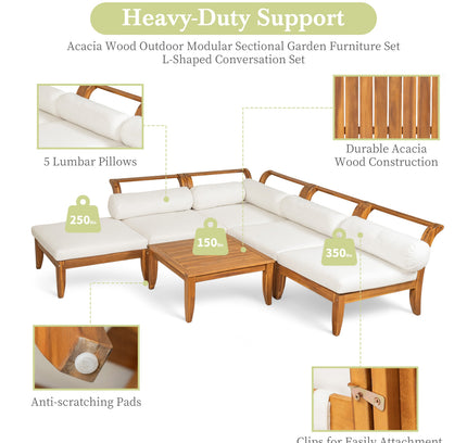 6-Piece Acacia Wood Outdoor Modular Sectional with Daybed Configuration & Tea Table