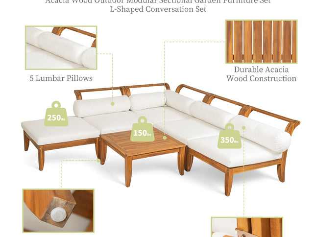 6-Piece Acacia Wood Outdoor Modular Sectional with Daybed Configuration & Tea Table