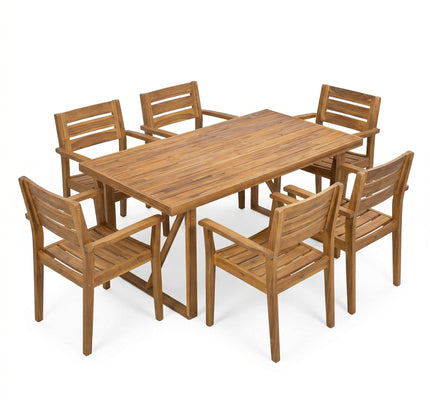 7-Piece Acacia Wood Outdoor Dining Set with 6 Chairs, Teak Finish