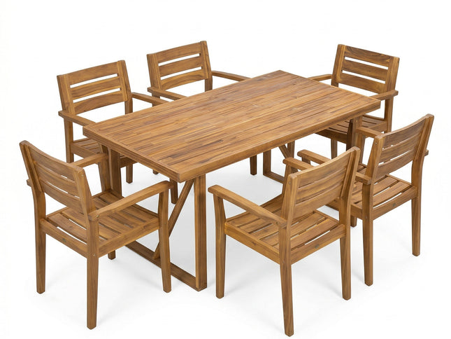 7-Piece Acacia Wood Outdoor Dining Set with 6 Chairs, Teak Finish
