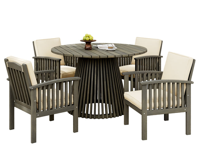 5-Piece Acacia Wood Outdoor Club Chair Dining Set with Round Table — Grey