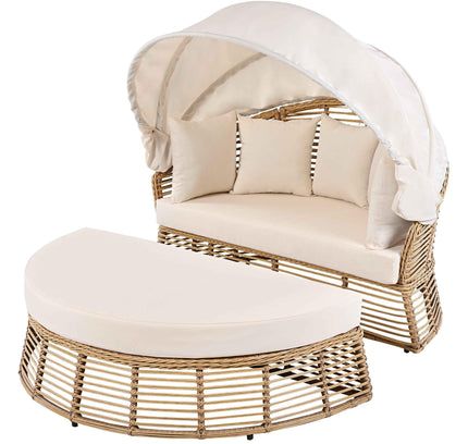 Outdoor Patio Rattan Round Daybed with Retractable Canopy, Wicker
