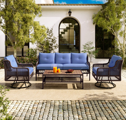 GO 4-Piece Outdoor PE Rattan Patio Set with 360° Swivel Chairs & Wood Coffee Table