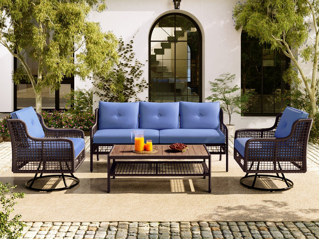 GO 4-Piece Outdoor PE Rattan Patio Set with 360° Swivel Chairs & Wood Coffee Table