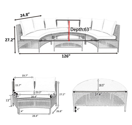 Alora Premium 5-Piece All-Weather Half-Moon Outdoor Rattan Wicker Patio Sectional Sofa Furniture Set With Tempered Glass Table