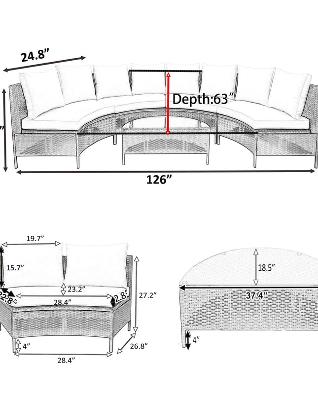 Alora Premium 5-Piece All-Weather Half-Moon Outdoor Rattan Wicker Patio Sectional Sofa Furniture Set With Tempered Glass Table