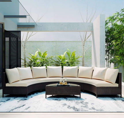 Alora Premium 5-Piece All-Weather Half-Moon Outdoor Rattan Wicker Patio Sectional Sofa Furniture Set With Tempered Glass Table