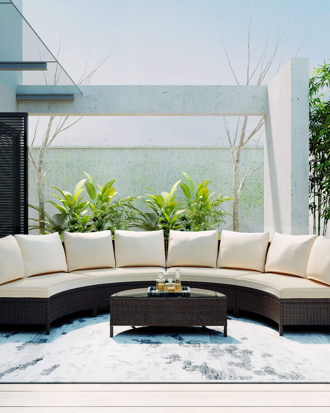 Alora Premium 5-Piece All-Weather Half-Moon Outdoor Rattan Wicker Patio Sectional Sofa Furniture Set With Tempered Glass Table