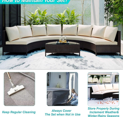 Alora Premium 5-Piece All-Weather Half-Moon Outdoor Rattan Wicker Patio Sectional Sofa Furniture Set With Tempered Glass Table