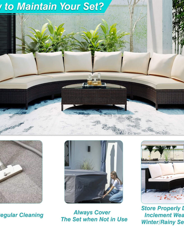 Alora Premium 5-Piece All-Weather Half-Moon Outdoor Rattan Wicker Patio Sectional Sofa Furniture Set With Tempered Glass Table