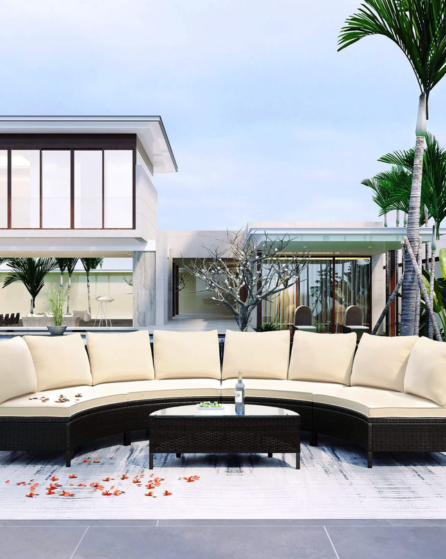 Alora Premium 5-Piece All-Weather Half-Moon Outdoor Rattan Wicker Patio Sectional Sofa Furniture Set With Tempered Glass Table