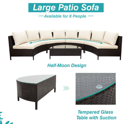 Alora Premium 5-Piece All-Weather Half-Moon Outdoor Rattan Wicker Patio Sectional Sofa Furniture Set With Tempered Glass Table