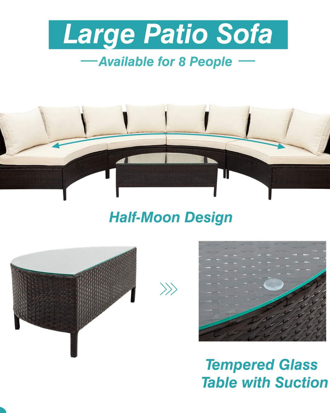 Alora Premium 5-Piece All-Weather Half-Moon Outdoor Rattan Wicker Patio Sectional Sofa Furniture Set With Tempered Glass Table