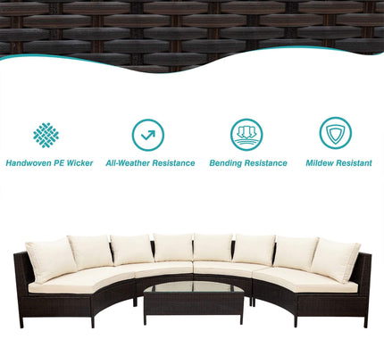 Alora Premium 5-Piece All-Weather Half-Moon Outdoor Rattan Wicker Patio Sectional Sofa Furniture Set With Tempered Glass Table