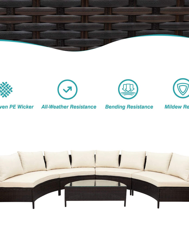 Alora Premium 5-Piece All-Weather Half-Moon Outdoor Rattan Wicker Patio Sectional Sofa Furniture Set With Tempered Glass Table