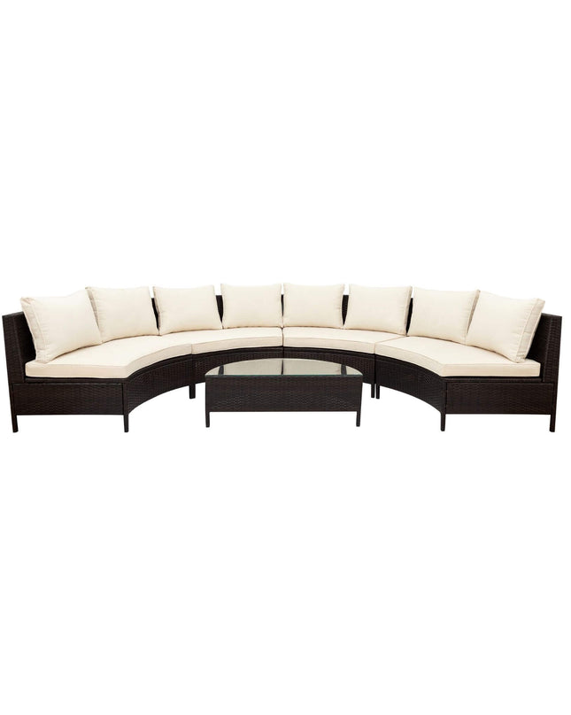 Alora Premium 5-Piece All-Weather Half-Moon Outdoor Rattan Wicker Patio Sectional Sofa Furniture Set With Tempered Glass Table