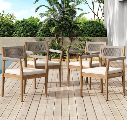 5-Piece Acacia Wood Outdoor Dining Set with Rope Braided Chairs & Round Table — Teak