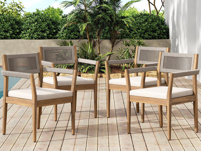 5-Piece Acacia Wood Outdoor Dining Set with Rope Braided Chairs & Round Table — Teak