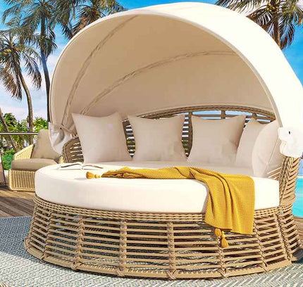 Outdoor Patio Rattan Round Daybed with Retractable Canopy, Wicker