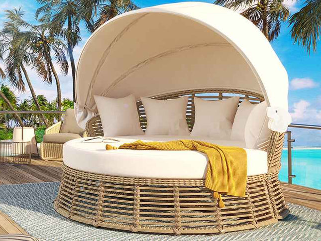 Outdoor Patio Rattan Round Daybed with Retractable Canopy, Wicker