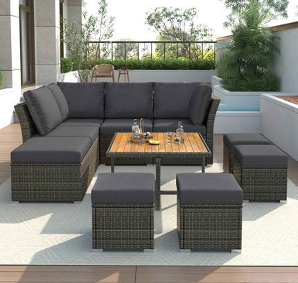 10-Piece Outdoor Rattan Conversation Set with Acacia Coffee Table, Seats 8-9