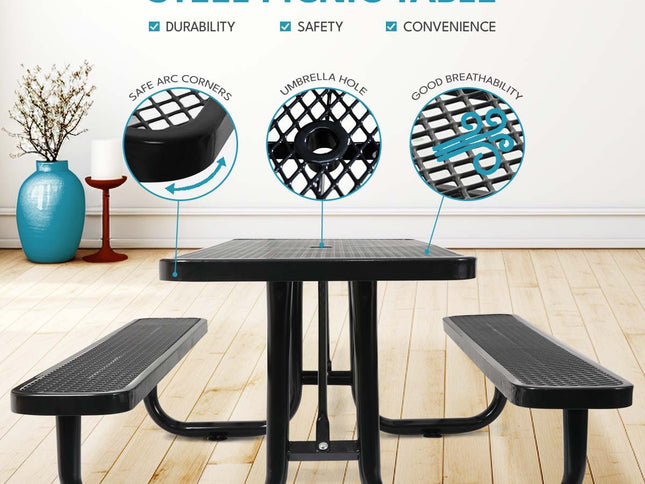 Outdoor Steel Picnic Rectangular Table With Umbrella Pole