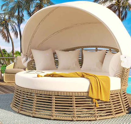Outdoor Patio Rattan Round Daybed with Retractable Canopy, Wicker