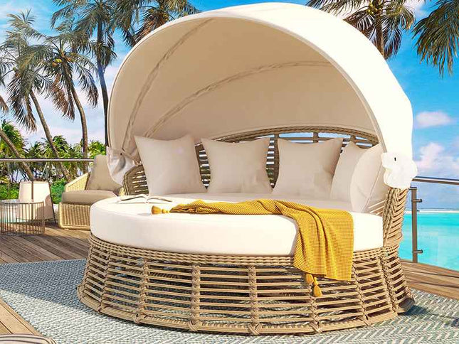 Outdoor Patio Rattan Round Daybed with Retractable Canopy, Wicker
