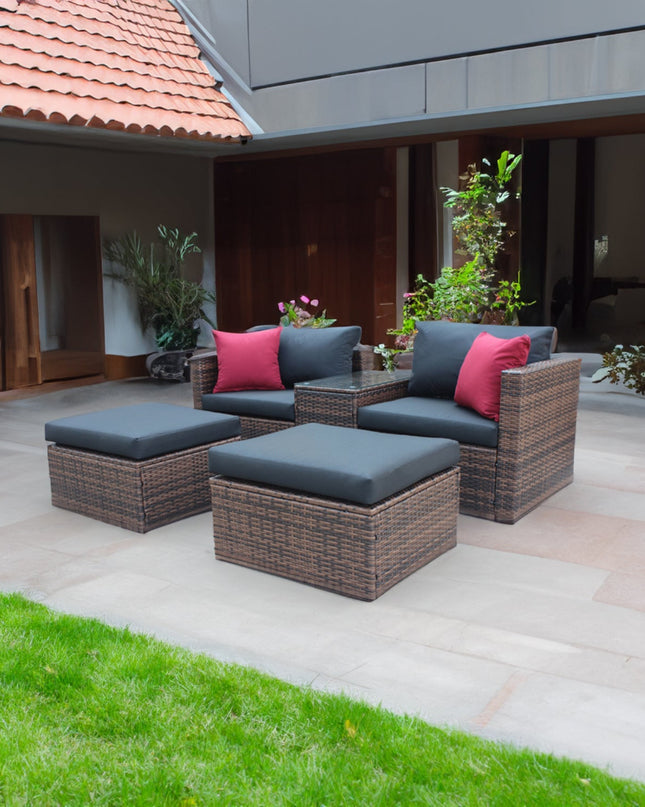 5 Pieces Outdoor Patio Garden Brown Wicker Sectional Conversation Sofa Set