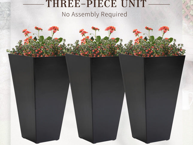 Outsunny - Outdoor Planters (Set of 3) Large Taper Planters With Drainage Holes And Plug, Faux Wood Plastic Flower Pots For Outdoor, Indoor, Garden, Patio