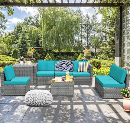 8-Piece Outdoor Wicker Rattan Sofa Set with Storage Box & Tempered Glass Table — Turquoise
