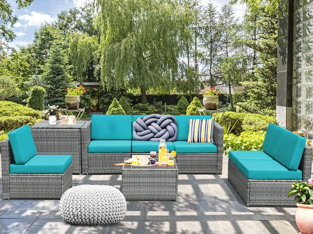 8-Piece Outdoor Wicker Rattan Sofa Set with Storage Box & Tempered Glass Table — Turquoise